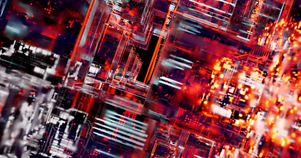 services-02 Intricate abstract visualization of digital circuit blocks with vibrant LED lights, showcasing technology and innovation.